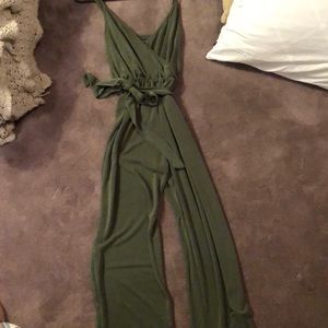 Green cotton midi jumpsuit with tie belt